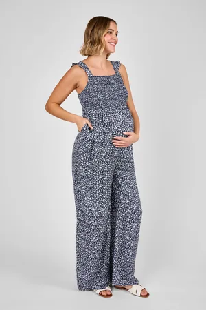 JoJo Maman Bébé Blue Ditsy Floral Maternity Shirred Jumpsuit M