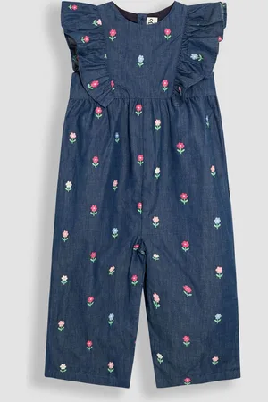 JoJo Maman Bébé Chambray Blue Floral Embroidered Frill Shoulder Jumpsuit 6
