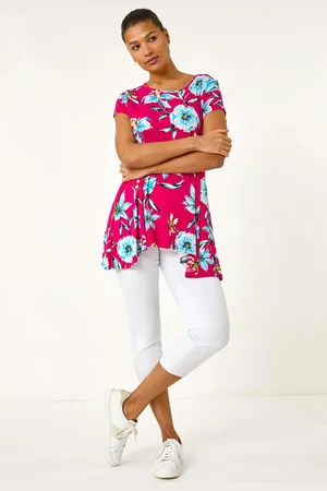 Roman Pink Floral Print Hanky Hem Stretch Tunic Top AU 12