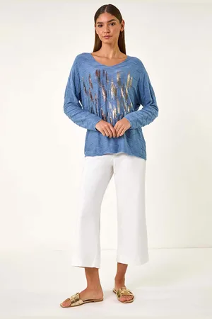 Roman Blue Textured Foil Snit V-Neck Tunics M