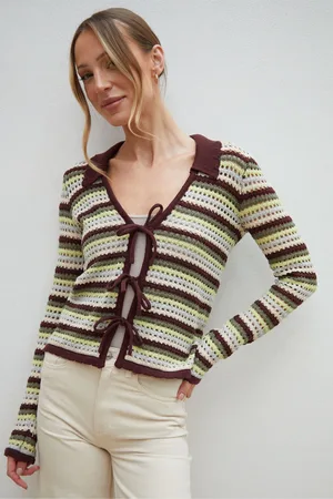 Threadbare Green Stripe Collared Tie Front Crochet Knit Cardigan AU 14