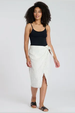 South Beach Stripe Linen Blend Fringe Wrap Skirt AU 10