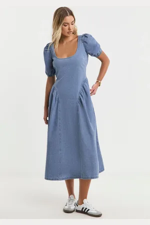 Simply Be Bow Back Puff Sleeve Denim Dress AU 26