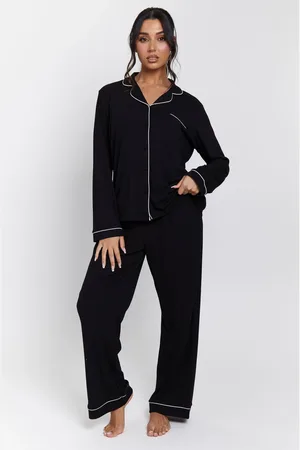 Loungeable Black Rib Long Sleeve Traditional Shirt and Long Pyjamas L
