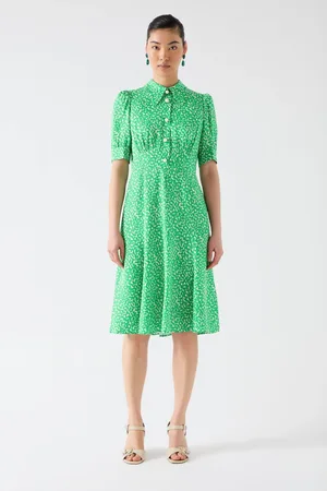 LK Bennett Esme Jelly Bean & Birch Viscose Ikat Spot Print Fit & Flare Collared Dress AU 8
