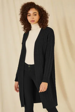Yumi Womens Cable Knit Edge to Edge Long Cardigan With Pockets