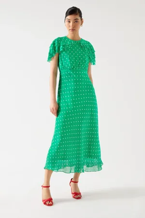 LK Bennett Ellen Jelly Bean & Birch Viscose Polka Dot Print Frill Collar Dress AU 14