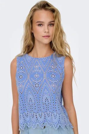ONLY Blue Broderie Edge 100% Cotton Blouse AU 16