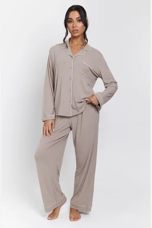 Loungeable Brown Rib Long Sleeve Traditional Shirt and Long Pyjamas XL
