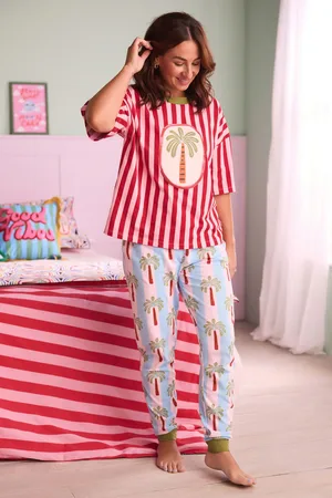 Eleanor Bowmer Pink/Red Stripe Palm 100% Cotton Pyjamas Set AU 22