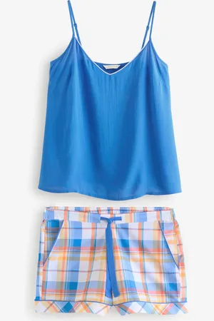 Cyberjammies Blue Solid Cami and Check Sleep Shorts AU 14