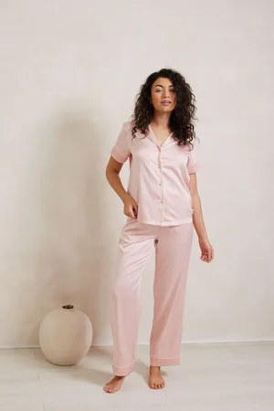 Chelsea Peers Pink Satin Lace Trim Short Sleeve Long Pyjama Set AU 10
