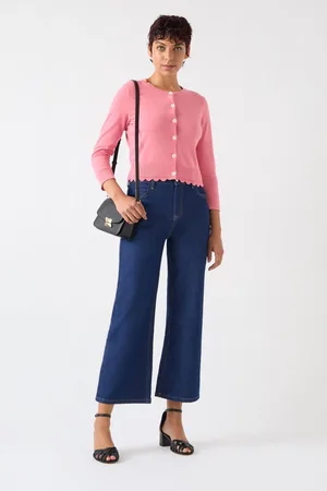 LK Bennett Pink Vanessa Desert Rose Crew Neck Pointelle Detail 100% Cotton Cardigan M