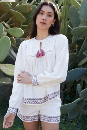 Threadbare Cream Tie Neck Embroidered Long Sleeve 100% Cotton Blouse AU 14