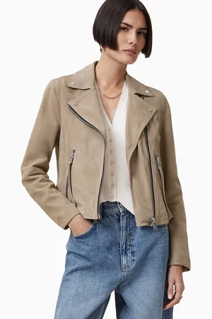 AllSaints AllSaints Greige Brown Suede Dalby Biker Jacket AU 10