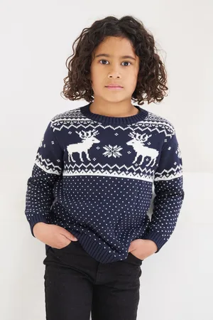 The Little Tailor Girls Kids Christmas 100% Cotton Reindeer Fairisle Jumper