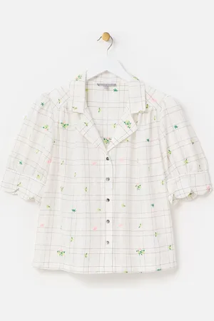 Oliver Bonas White Metallic Checked Flower Print Embroidered Blouse AU 16