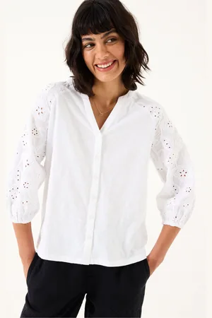 Fat Face FatFace Elsie White Broderie 100% Cotton Jersey Shirt AU 14