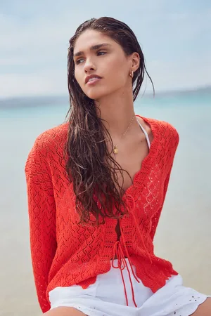 Next Red Orange Lace Knit Tie Front Cardigan with Linen XL Reg