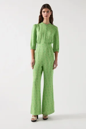 LK Bennett Green Petite Naomi Jelly Bean & Italian Straw Viscose Swirl Print Crepe Jumpsuit AU 10