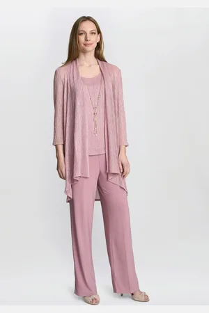 Gina Bacconi Pink Natasha Three Piece Metallic Crinkle Suit Trousers AU 12