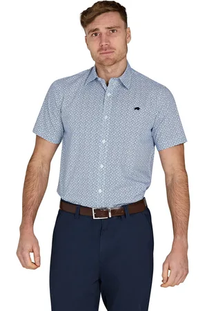 Raging Bull Short Sleeve Pentagon Pattern 100% Cotton Poplin White Shirt M