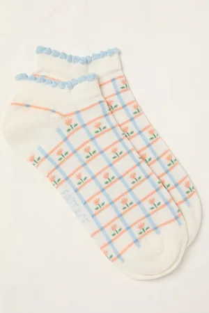 Fat Face FatFace White Check Floral Trainer Socks One