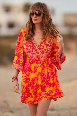 Joe Browns Orange Embroidered Neckline Vibrant Print Tunic AU 14