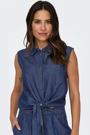 JDY Blue Denim Tie Front Short Sleeve 100% Cotton Blouses
