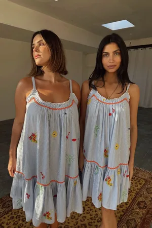 Never Fully Dressed Blue Seersucker Embroidered 100% Cotton Slip Dress 16