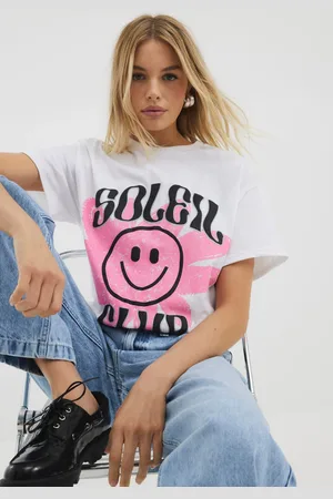 River Island White Soleil Smiley 100% Cotton T-Shirt medium