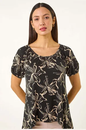 Roman Black Leaf Print Asymmetric Stretch Tunic Top AU 18