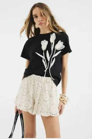 River Island Black Organza Flower Trim 100% Cotton T-Shirt small
