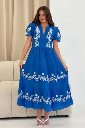 Girl in Mind Arina Puff Sleeve V-Neck 100% Cotton Midi Dress 12