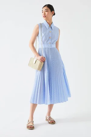 LK Bennett Hally Blend Sleeveless Pleated Stripe Dress AU 14