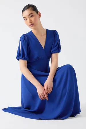 LK Bennett Hermia Mazarine Viscose Petal Sleeve V-Neck Flared Dress AU 10