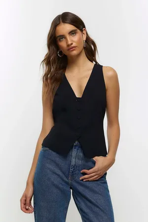 River Island Black Button Front Waistcoat AU 18