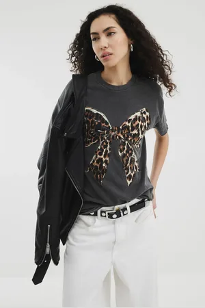 River Island Grey Washed Leopard Bow 100% Cotton T-Shirt medium