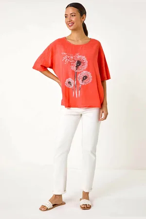 Roman Orange 100% Cotton Dandelion Hotfix Tunic Top L