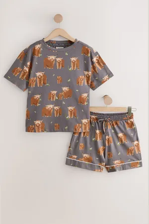 Next Charcoal Grey Hamish the Highland Cow 100% Cotton Short Sleeve Pyjamas