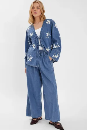 Accessorize Blue Floral Embroidered Chambray Tie 100% Cotton Jacket small