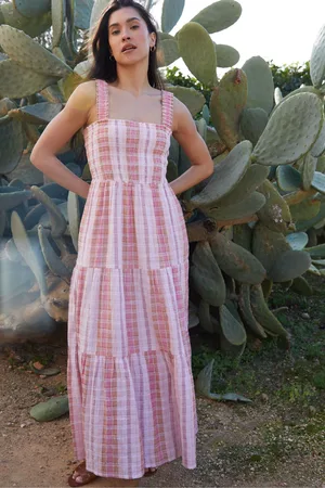 Threadbare 100% Cotton Check Shirred Guaze Tiered Midi Dress AU 12