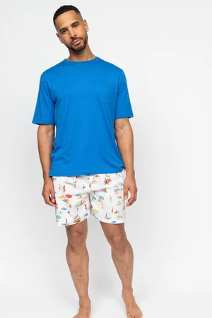 Cyberjammies Blue Mens Printed Bottoms and Solid Jersey T-Shirt Pyjamas Set