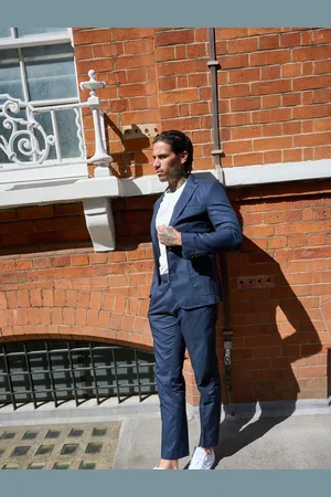 Harry Brown Mid Blue Slim Fit Paper Touch Cotton Single Breasted Suit: Blazer 36