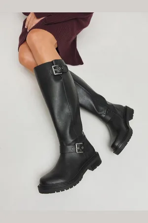 Simply Be Black Curvy Calf Casual Double Buckle Detail Knee High Boots In Wide Fit Curvy Calf AU 10 (EU 42)