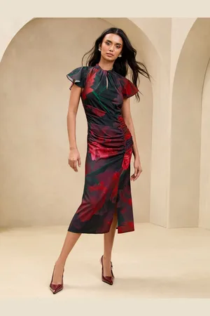 Lipsy London Short Sleeve Ruched Keyhole Fit And Flare Midi Dress AU 8