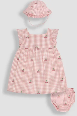 JoJo Maman Bébé Pink Cherry Embroidered 3-Piece Frill Shoulder Baby Dress, Knicker & Hat Set 12