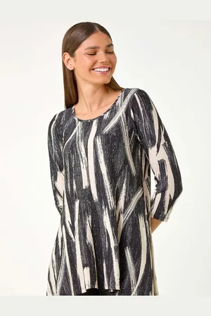 Roman Natural Brush Print Hanky Hem Stretch Tunic Top AU 14