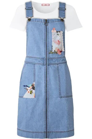 Joe Browns Floral Print Zip Front Denim Pinafore 100% Cotton Dress AU 16