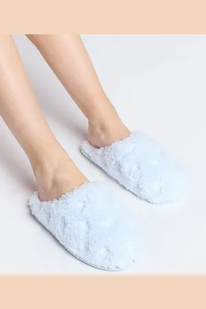 Boux Avenue Blue Cosy Bow Embroidered Powder Mule Slippers